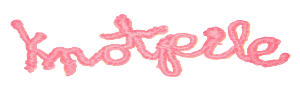 real pink yarn letters forming the word "knotpile" in a whimsical cursive lowercase funky script